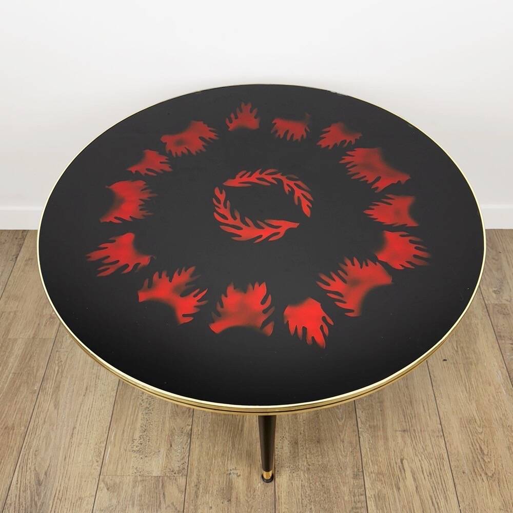 glass and wood tripod cocktail table from the 50s