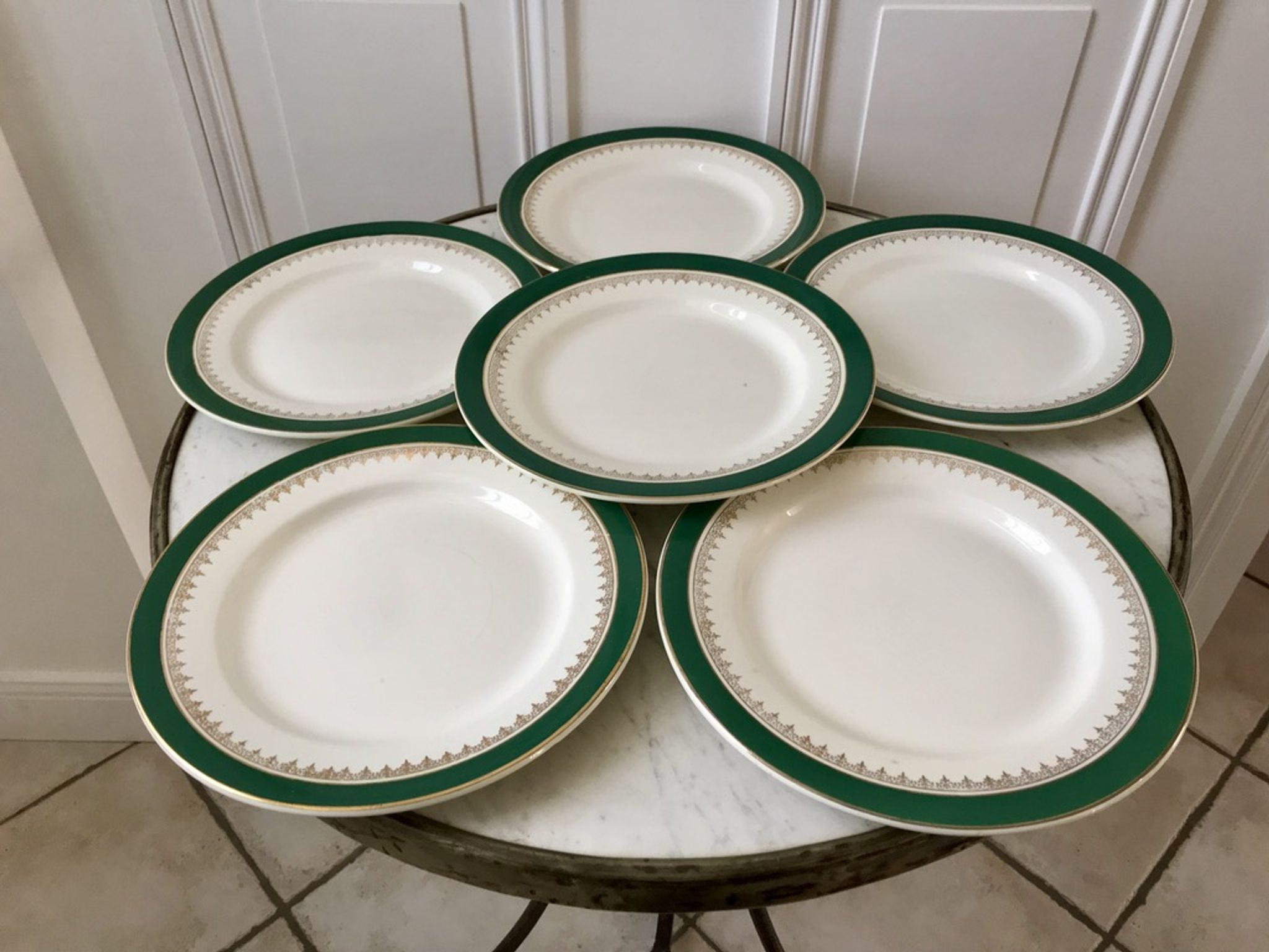 set of 6 flat plates Digoin Sarreguemines model "Martine" green and golden 50s