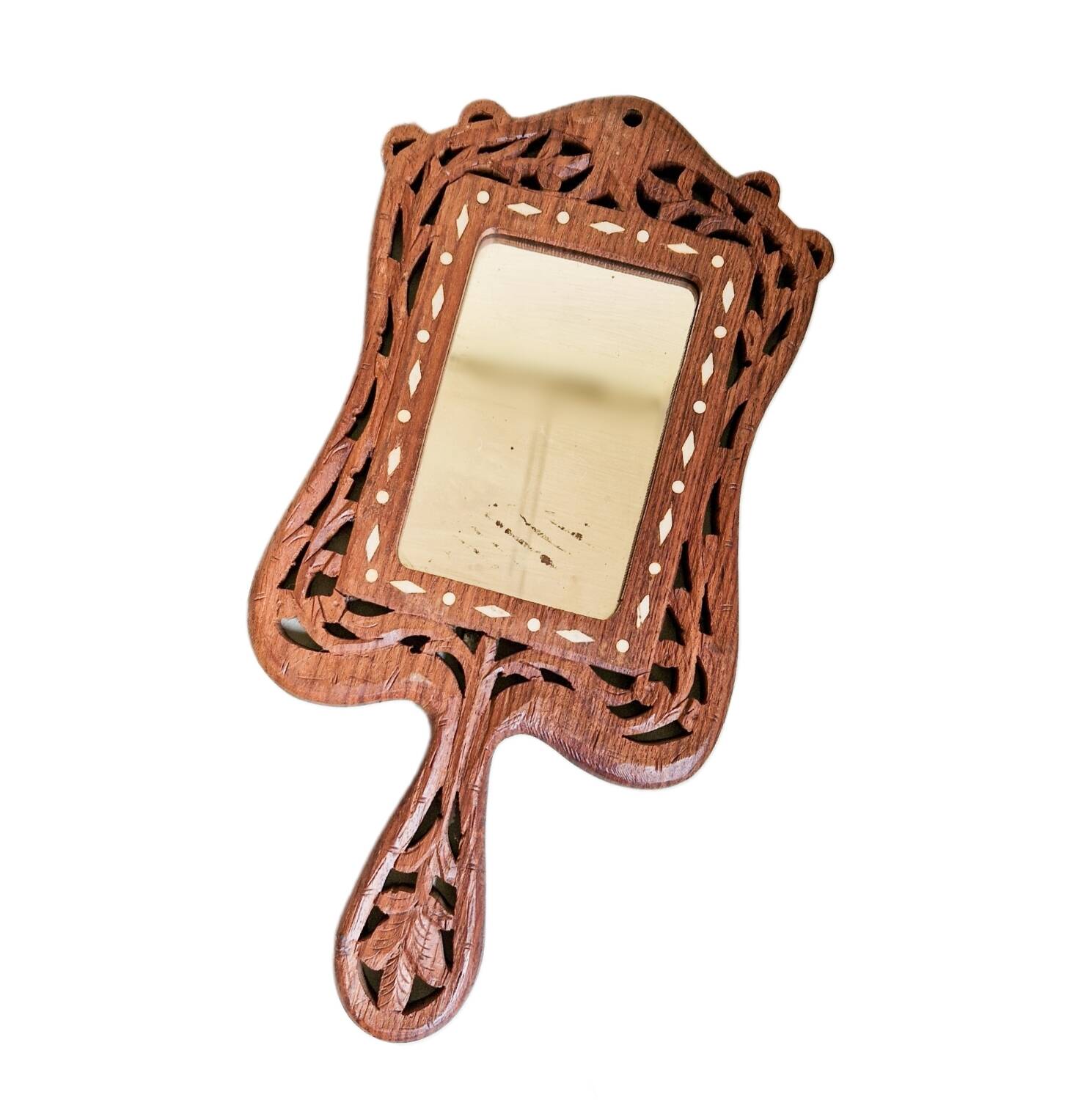 Vintage hand mirror in hand carved wood and bone inlay