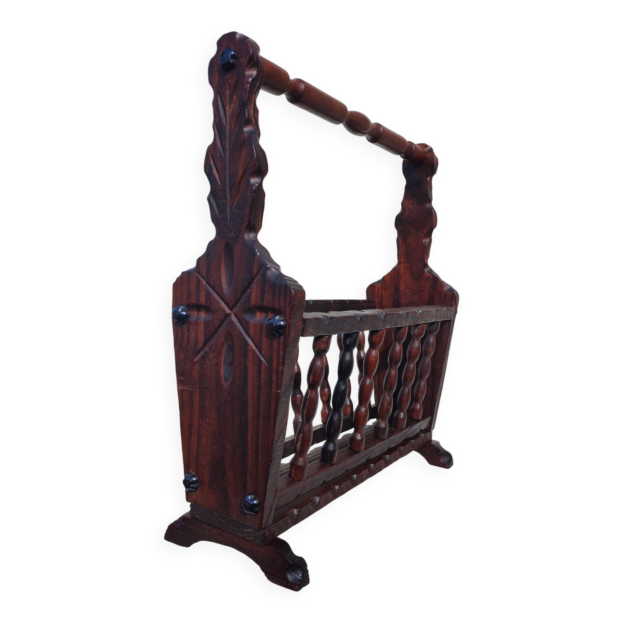 Rustic stained wooden magazine rack