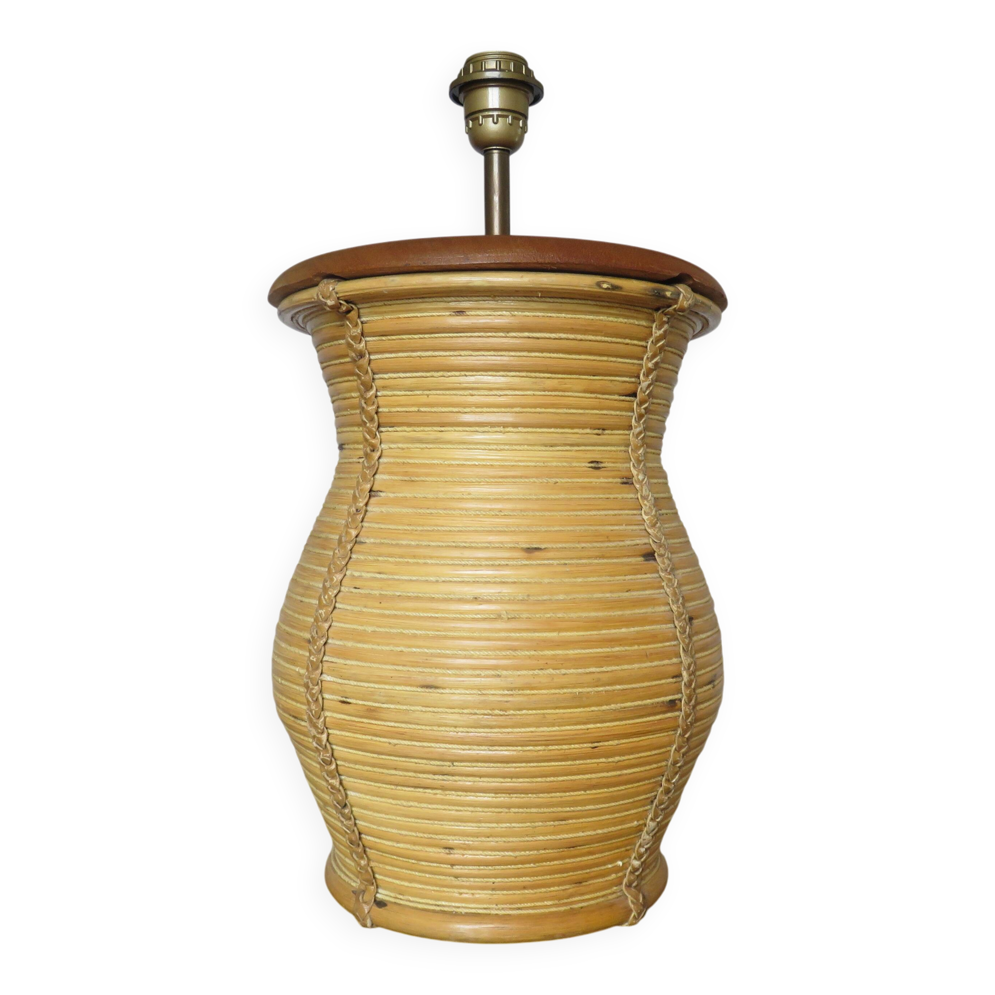 Rattan, leather, rope, and wood lamp in the style of Gabriella Crespi 60-70.
