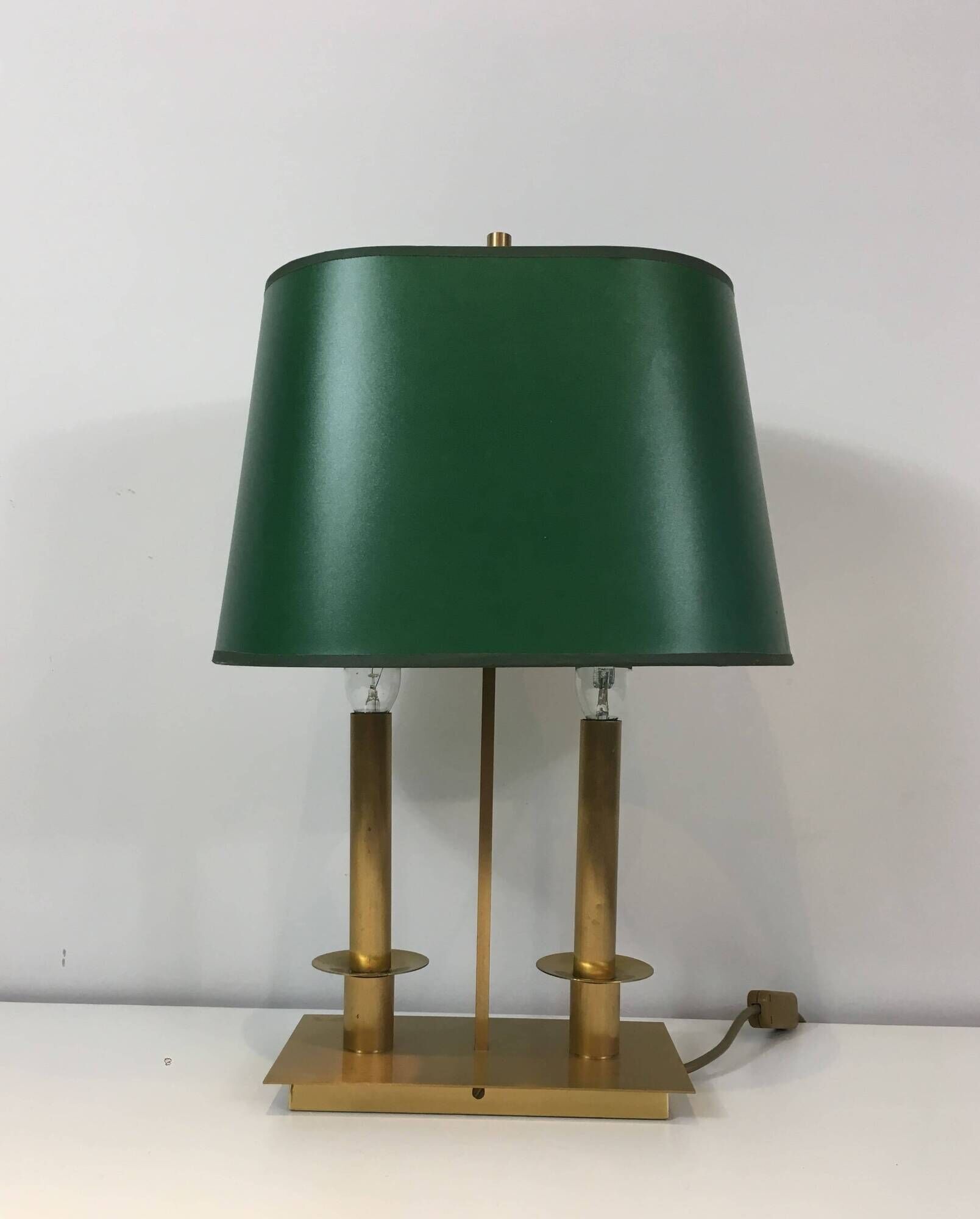 Pair of Two-Light Table Lamps in Brass with Green Shades. Work F