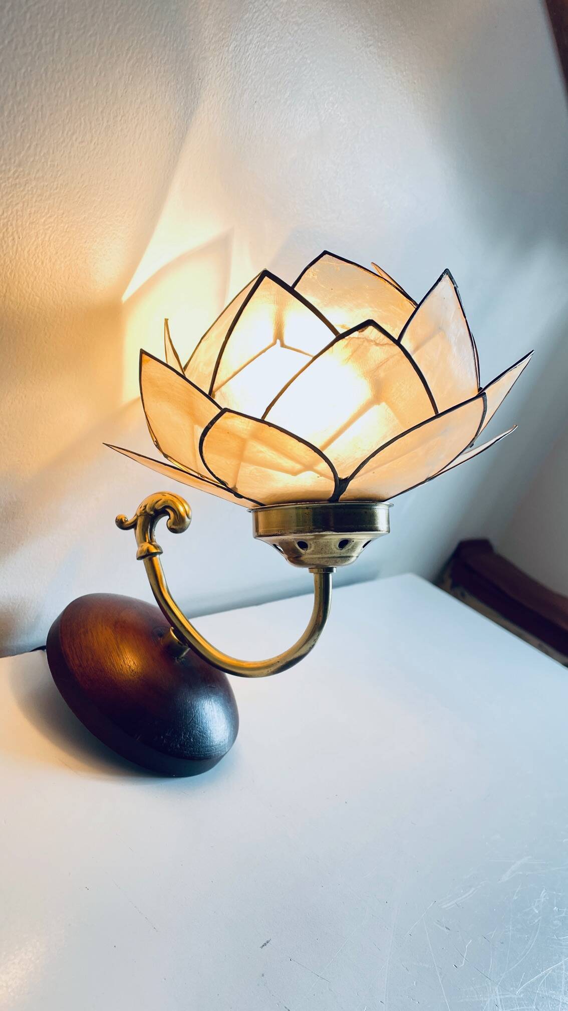 Vintage mother-of-pearl and brass flower wall lamp