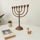 Vintage Hebrew Menorah Candlestick in Solid Brass from the 50s