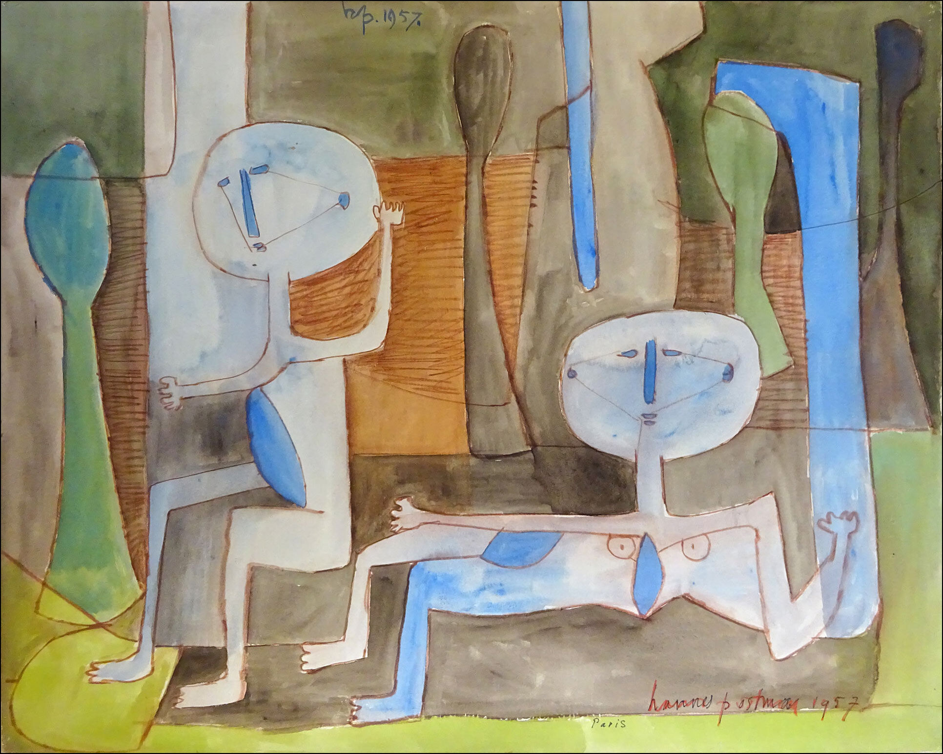 Peinture vintage de style cubiste hollandais, 1957