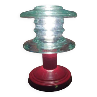 Lampe de bureau chevet loft verre isolateur vert base rouge