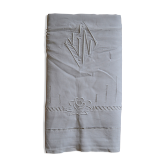 Linen old flat sheet with back embroidered Monogram "BN".