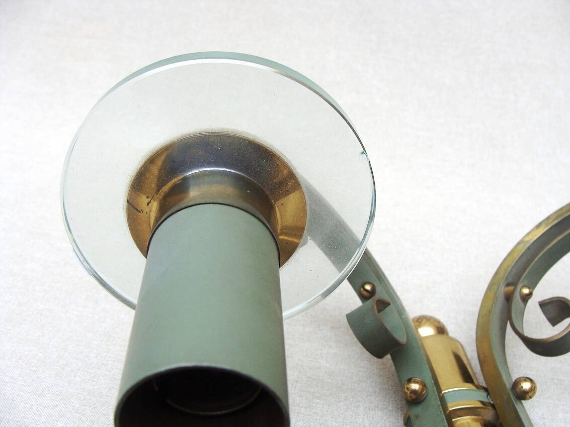 Pair of art deco lacquered metal, brass and glass wall lights