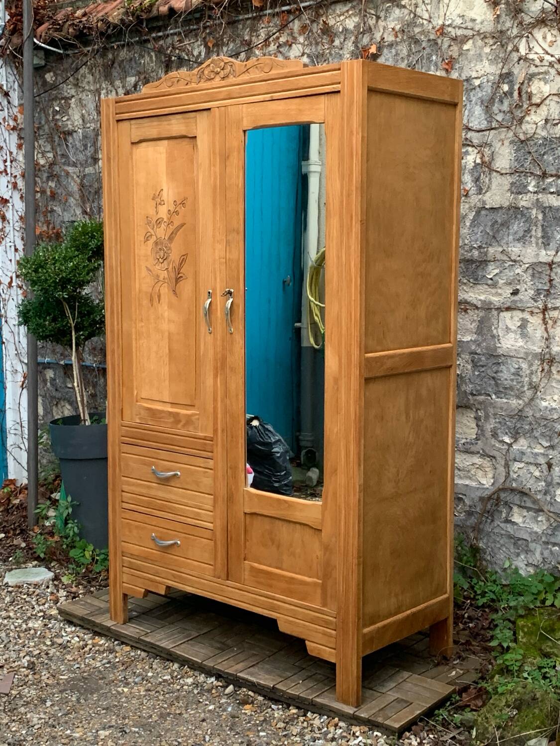 Parisian art deco hotel wardrobe in solid raw oak 1930