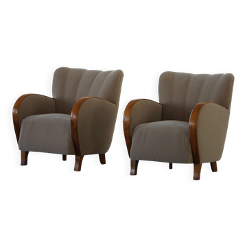 Pair of modern Danish Art Deco lounge chairs, upholstered in mohair and elm, 1940s.