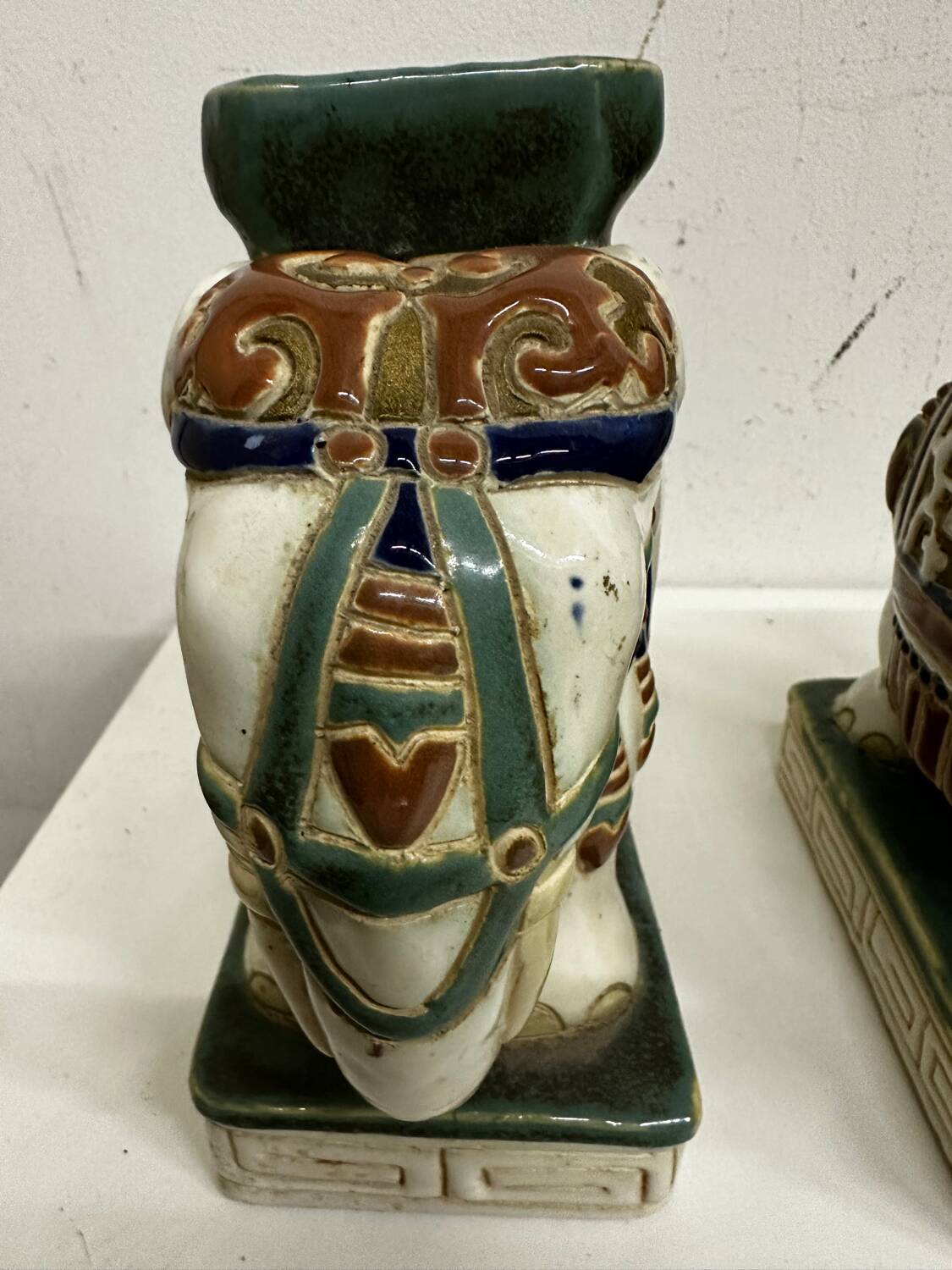 Pair of ceramic elephant plant stands polychrome sculpture - India