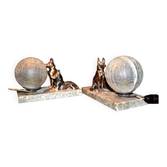 Lampes à poser art deco chiens en régule cuivré berger allemand - globe en verre 1930