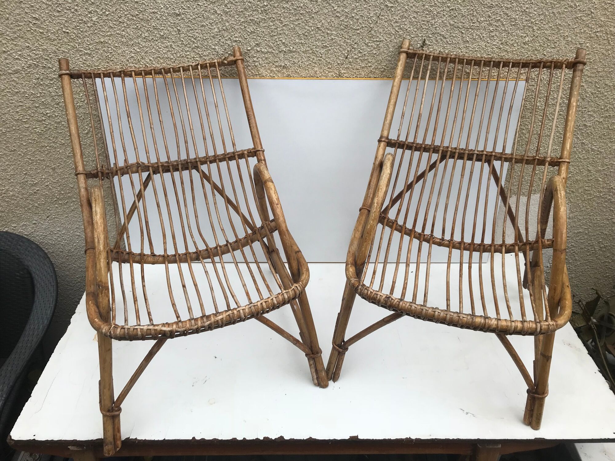 Pair old armchair in rattan curve base years 60 vintage x 2