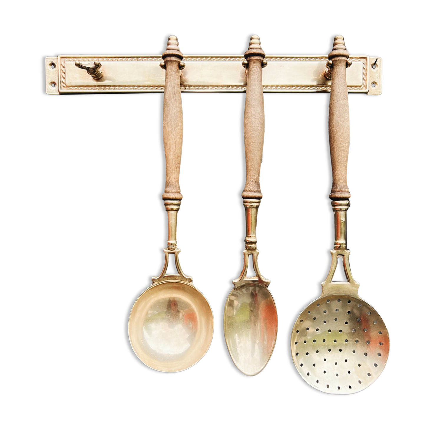 Brass holder with 3 brass & wood utensils