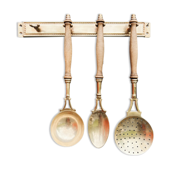 Brass holder with 3 brass & wood utensils