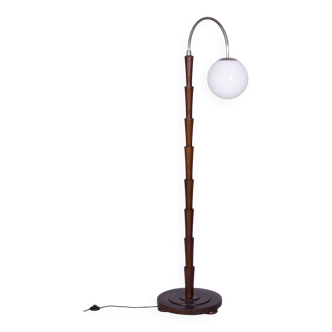 Restored Czech Cubism Floor Lamp, Beech, Chrome-plated Steel, Czechia, 1920s