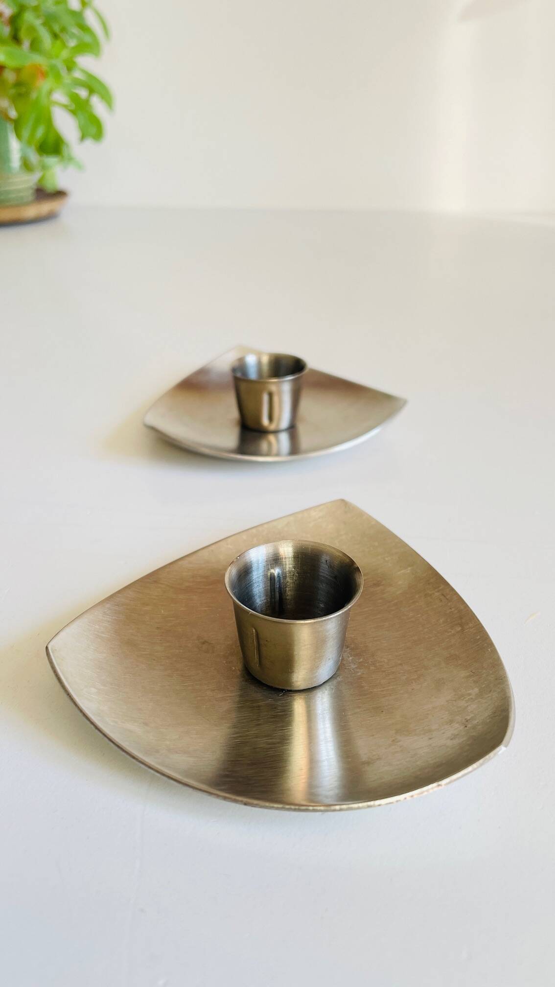Vintage brushed metal geometric candle holders
