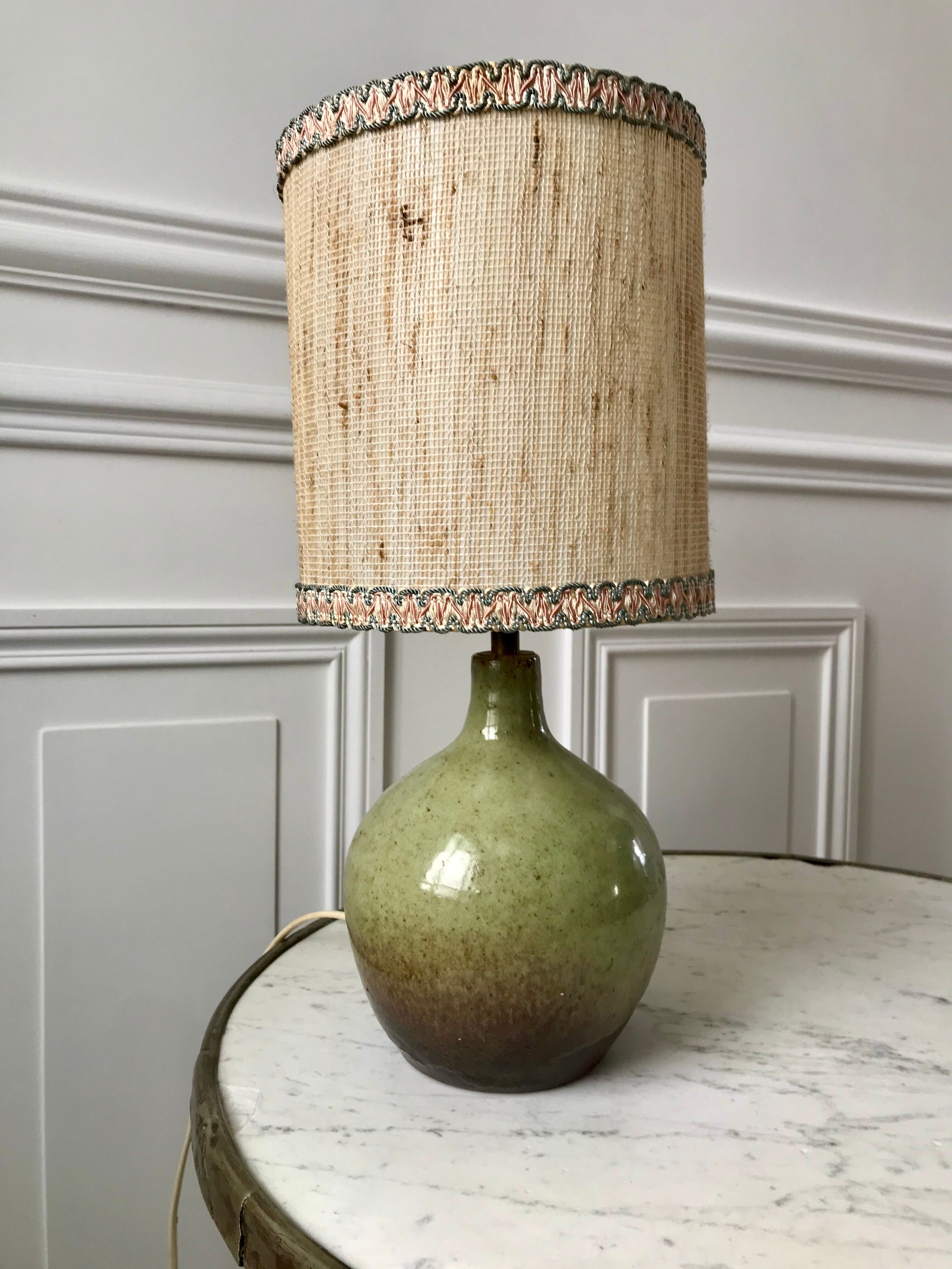 Signed stoneware lamp with woven lampshade 60s-70s