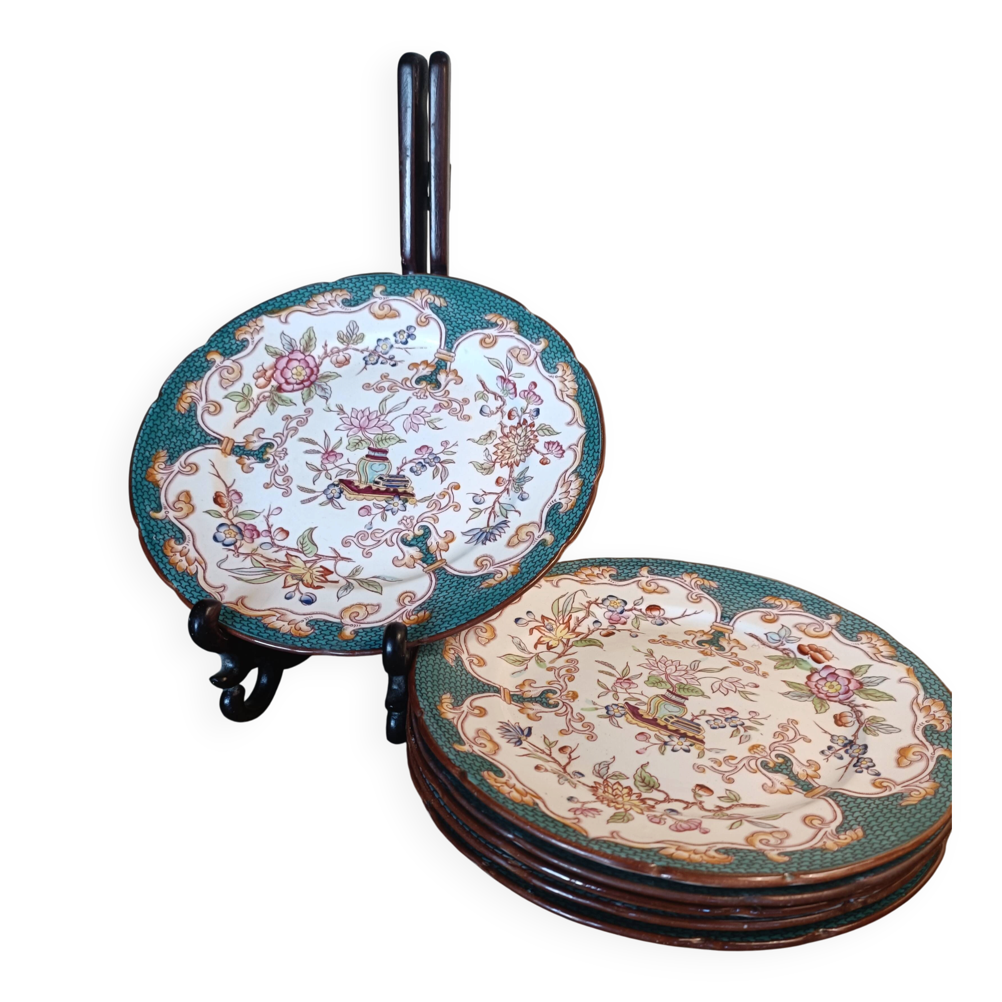 Set of 6 earthenware plates from Sarreguemines, Minton model 248.