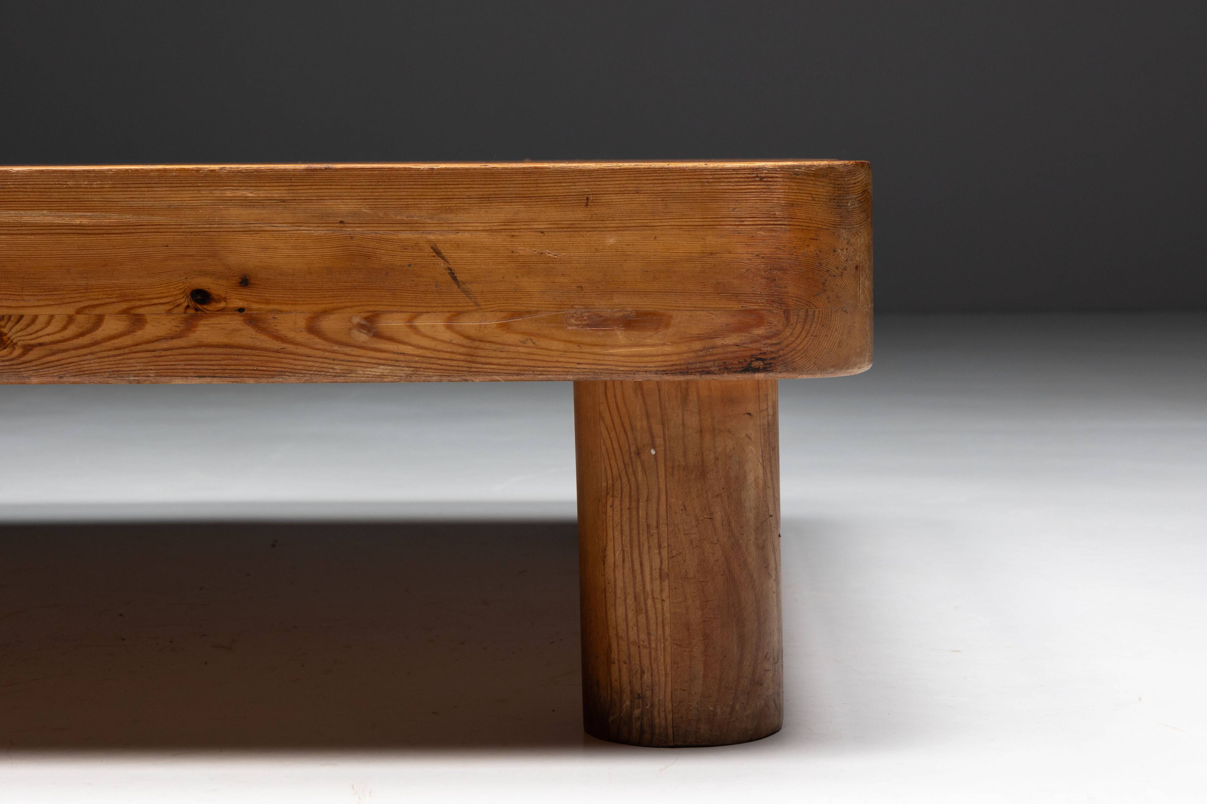 Brutalist pine low coffee table, France, 1960s