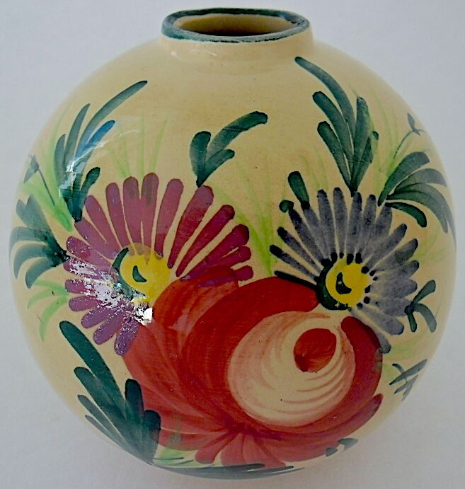 Vase "ball" decorated floral in polychrome earthenware glazed by Saint-Clement