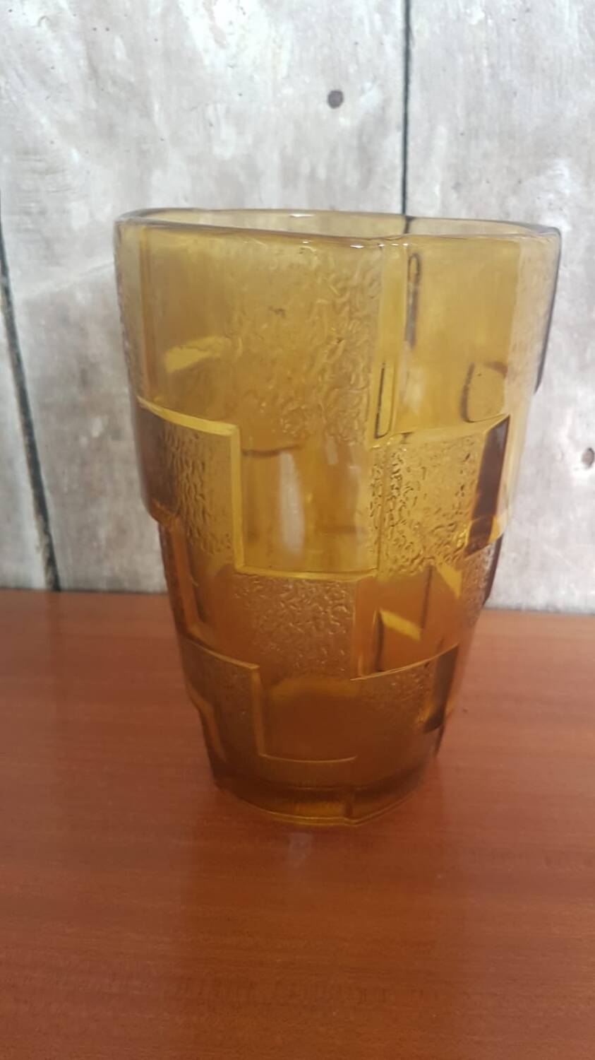 Old Art Deco Style Vase Molded Glass Orange Vintage #A696