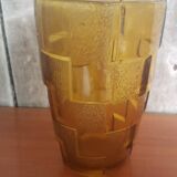 Ancien Vase Style Art Déco Verre Moulé Orange Vintage #A696