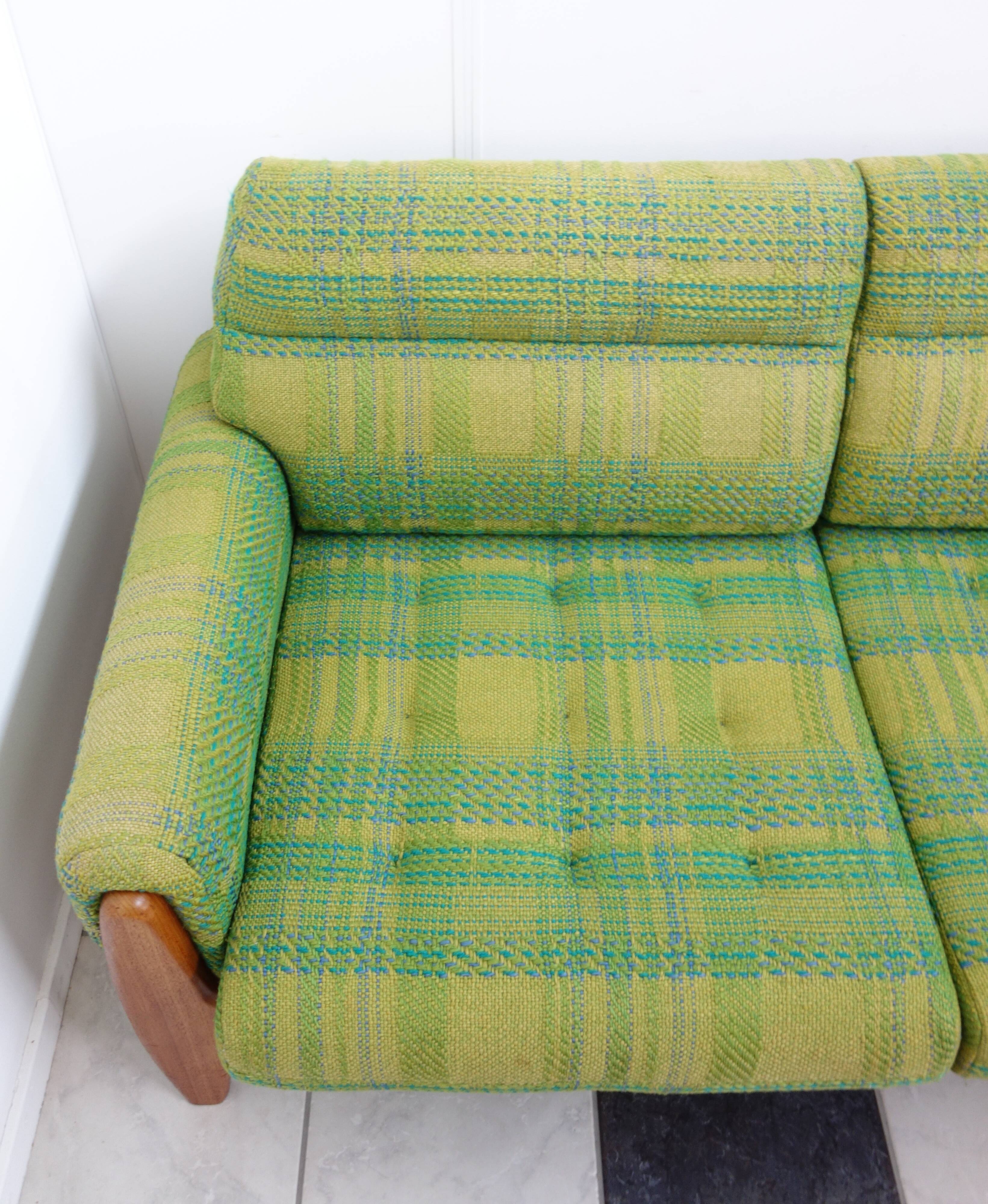Green three seat sofa Teak frame