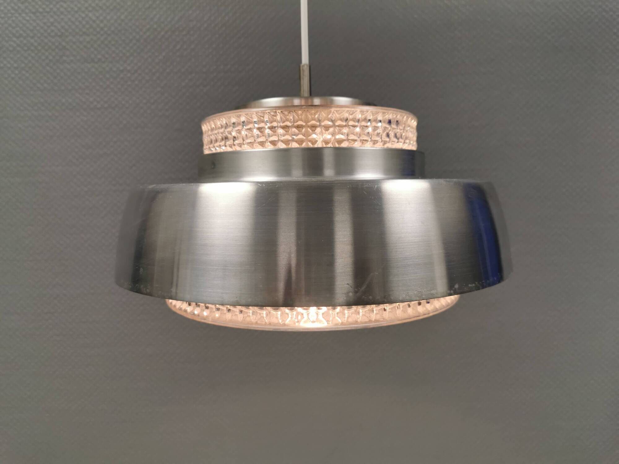 Hanging lamp in aluminium and hard pressed crystal glass. Denmark 1980s