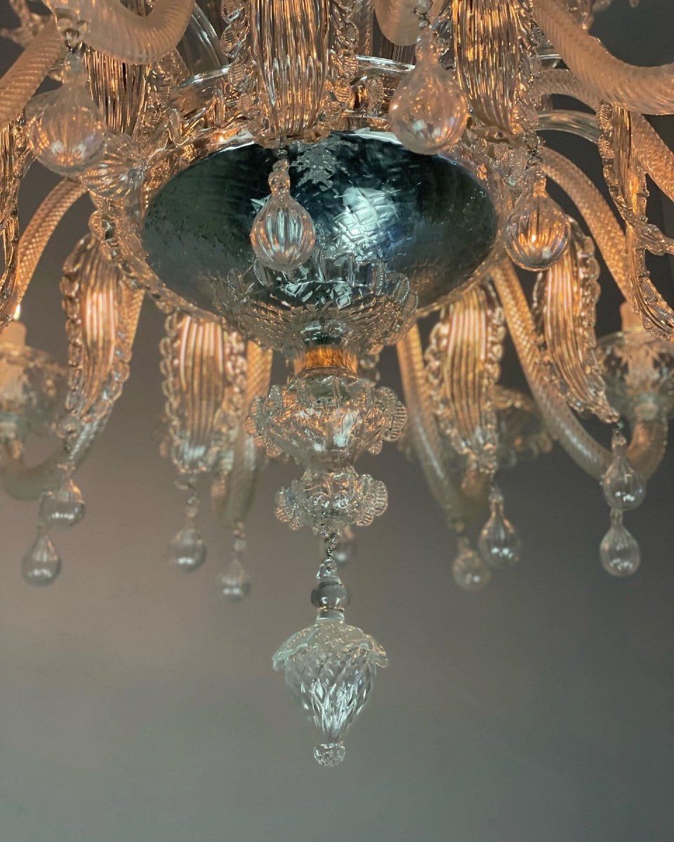 Venetian chandelier in colorless Murano glass, 12 arms of light