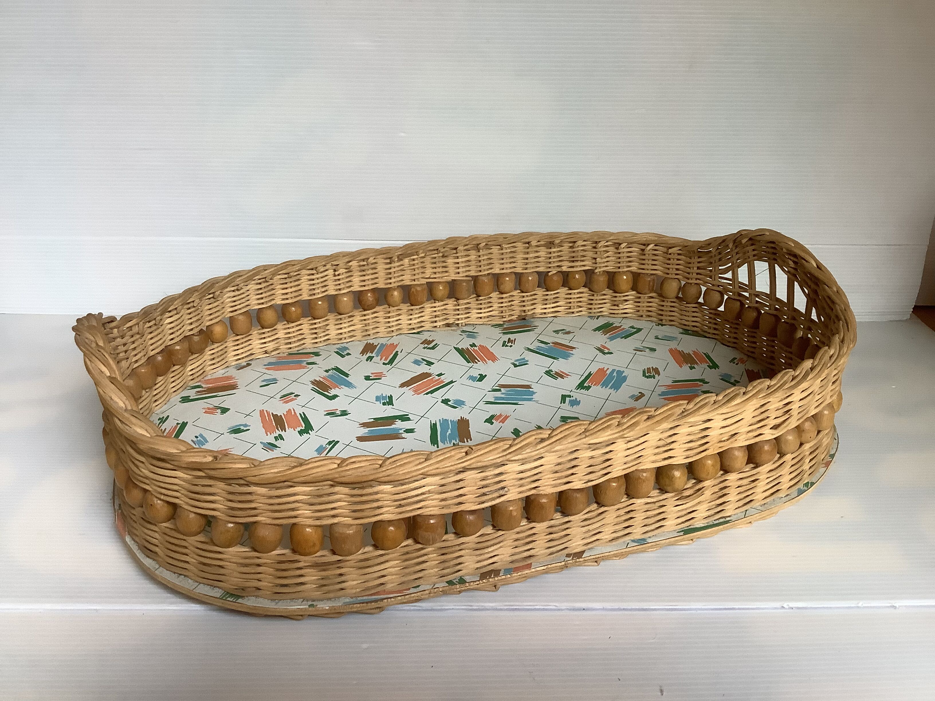 Old basket tray wicker rattan wooden beads