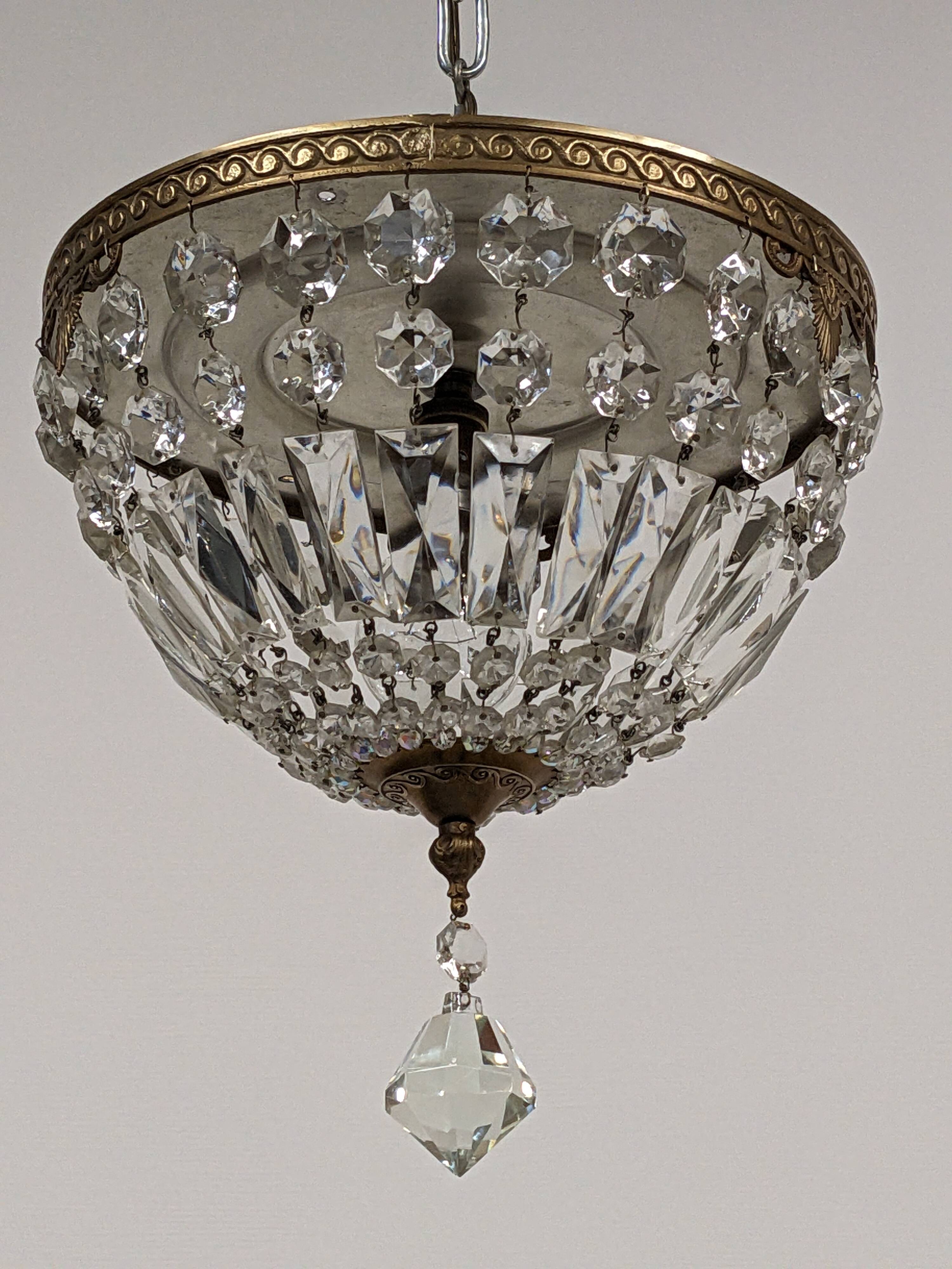 Louis XVI style bronze ceiling light and glass pendants