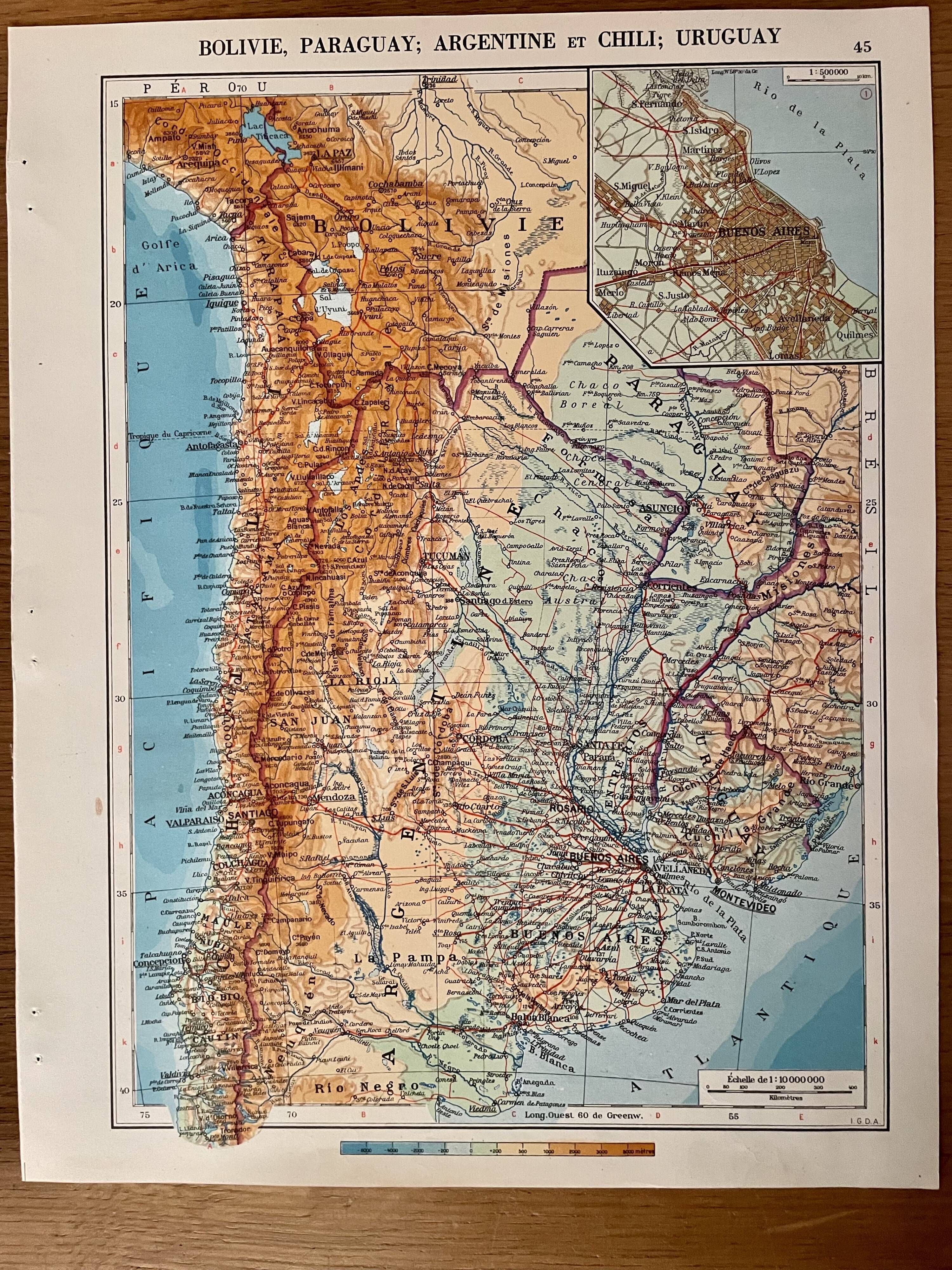 Map of Bolivia, Paraguay, Argentina, Chile, Uruguay 1940