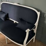 Louis XVI style bench with patina in navy fabric, 19th century