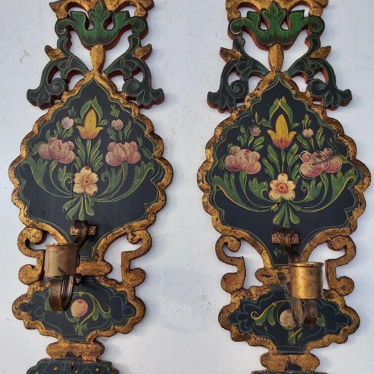 Pair of mountain appliques Savoy vintage painted wood
