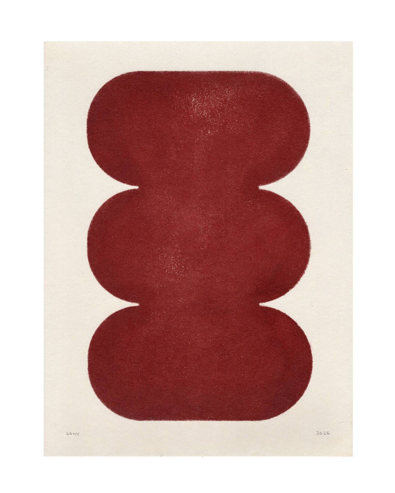 Duo of abstract paintings in burgundy on paper signed Eawy.