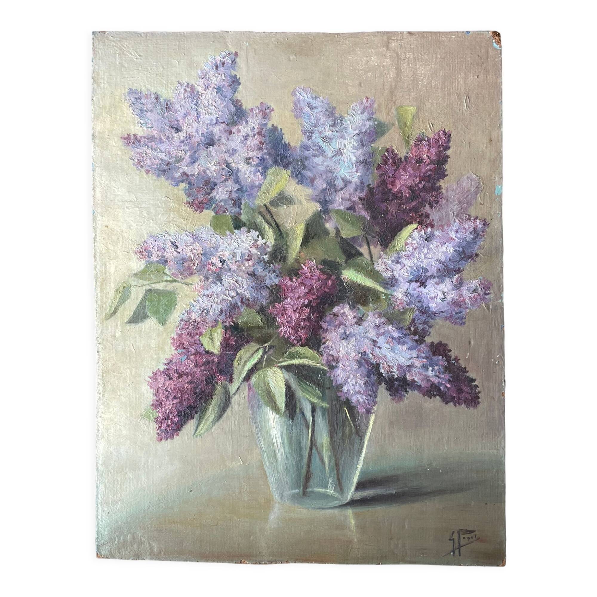 Painting without frame oil on panel signed paget, bouquet of lilacs