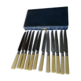 box of 12 stainless steel knives with bakelite handle and silver metal ferrule art decp