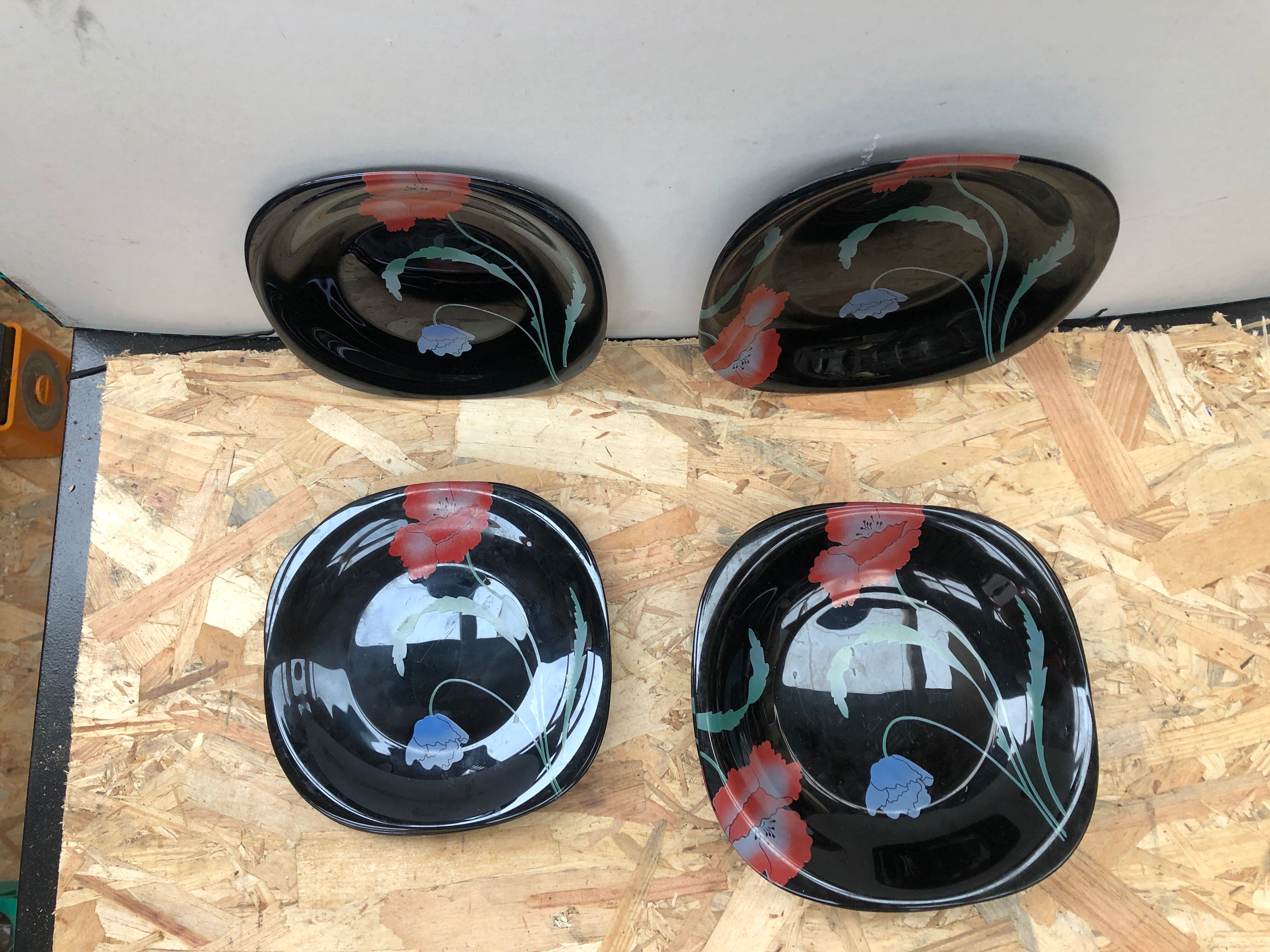 Series 12 old black opaline plates with vintage art deco flower decor