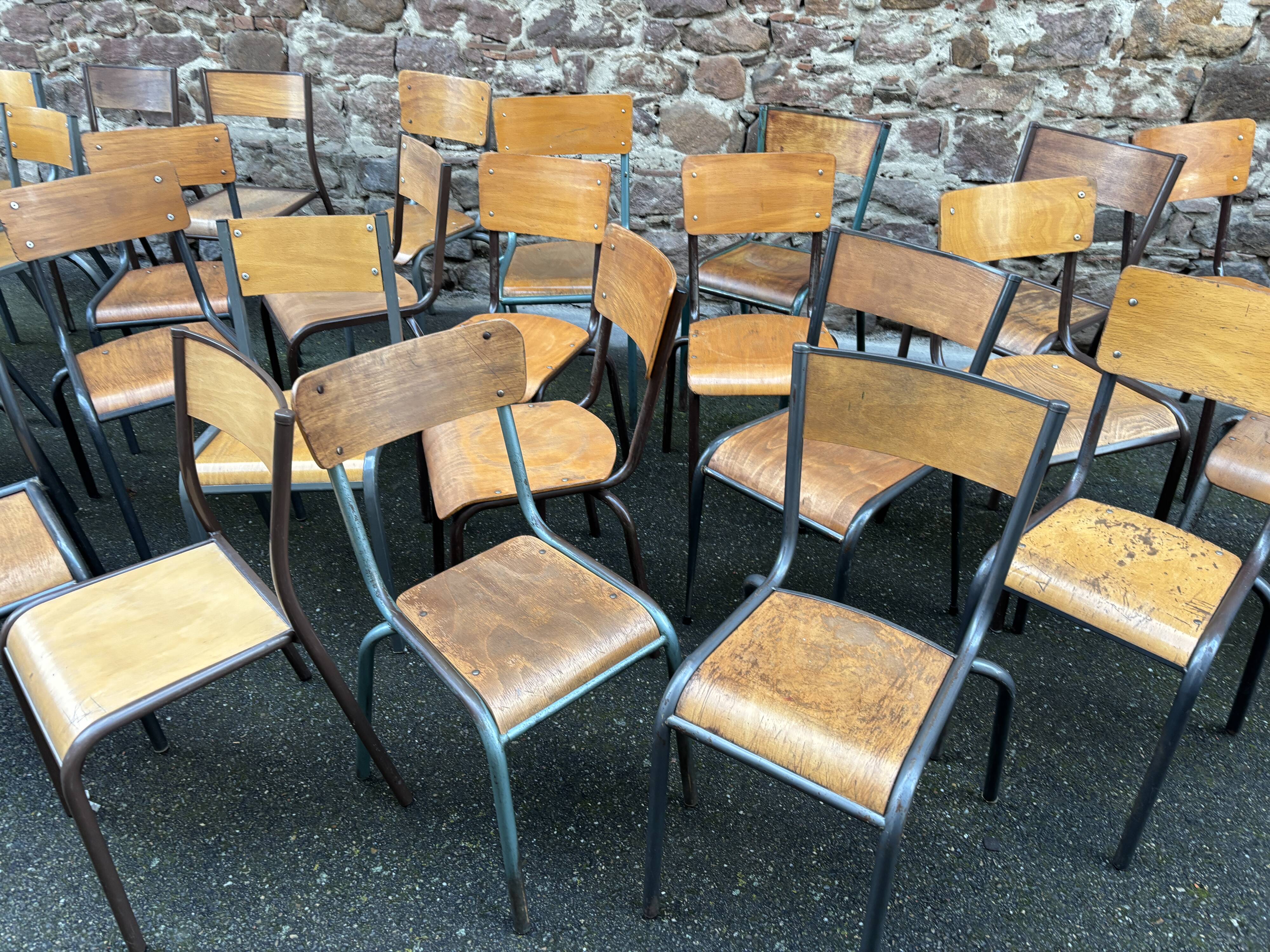 30 mismatched vintage industrial school chairs MULLCA tube & wood