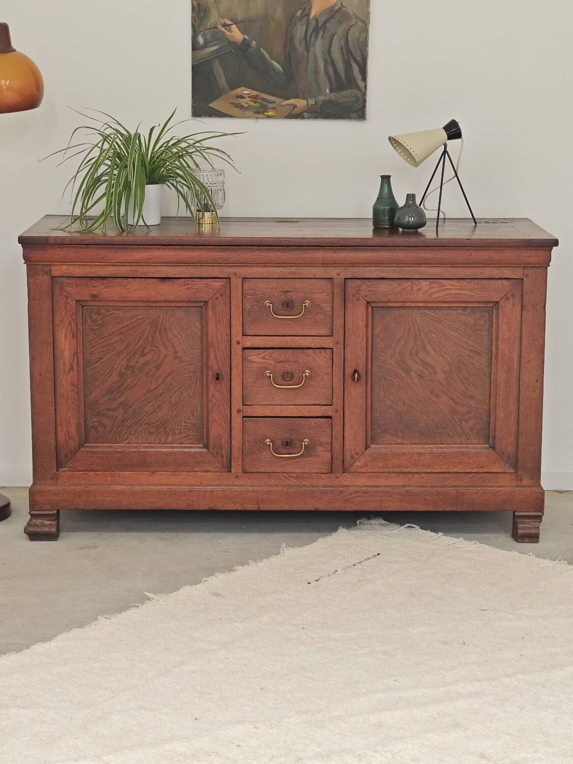 Antique solid wood workbench, dough cabinet from the 18th century.