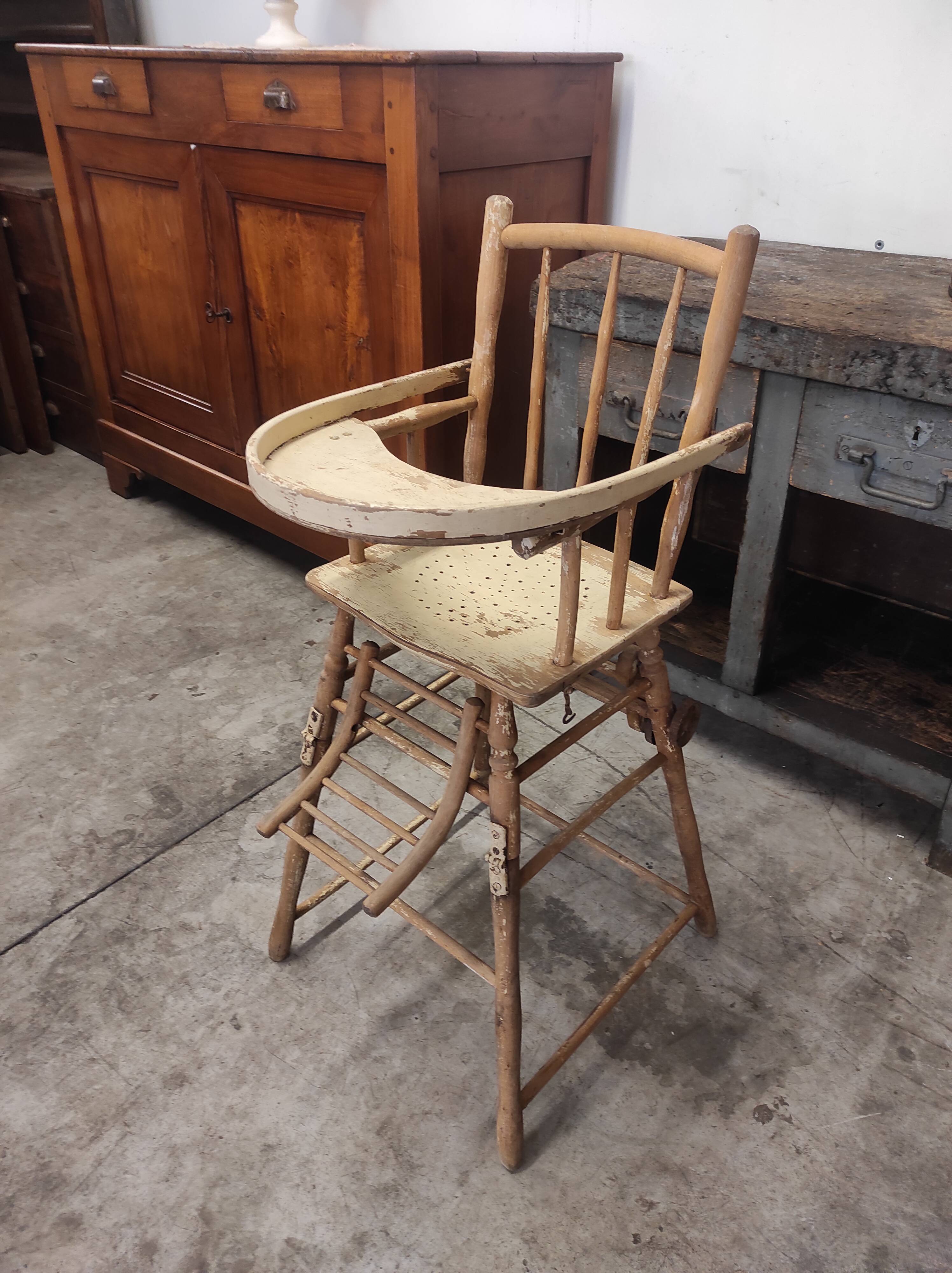 High chair retro baby old wood beech modular patinated white cream art deco dlg Baumann