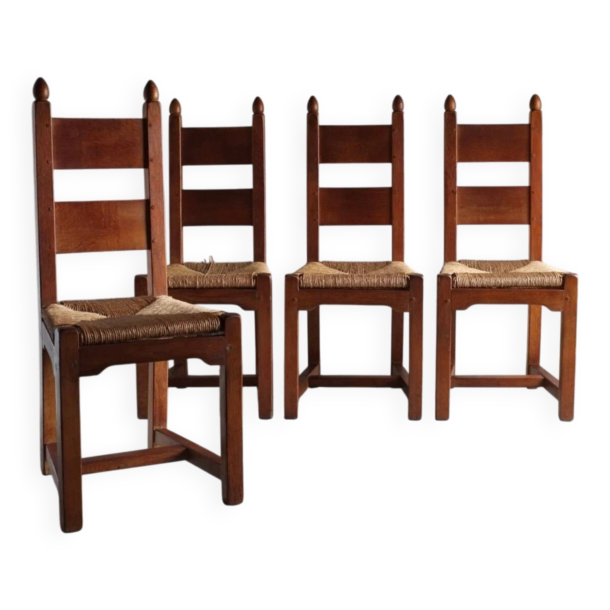 4 brutalist oak rush seat chairs | France | 1960s