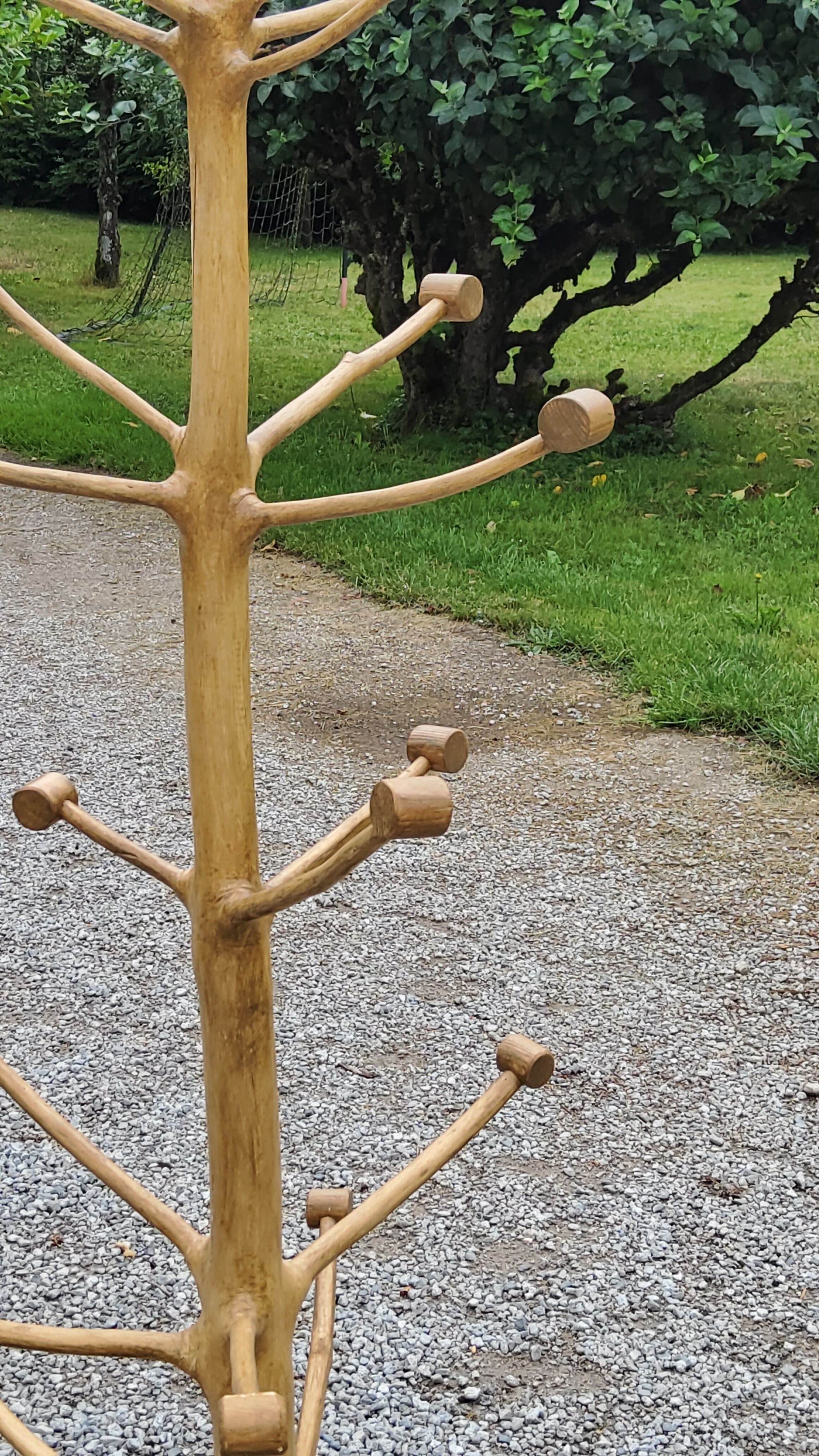 Brutalist coat rack on boxwood stand