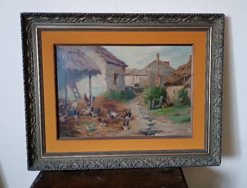 Oil painting on canvas Edmond Van Coppenolle (1846-1914) Landscape with chickens