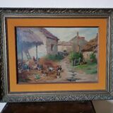 Oil painting on canvas Edmond Van Coppenolle (1846-1914) Landscape with chickens