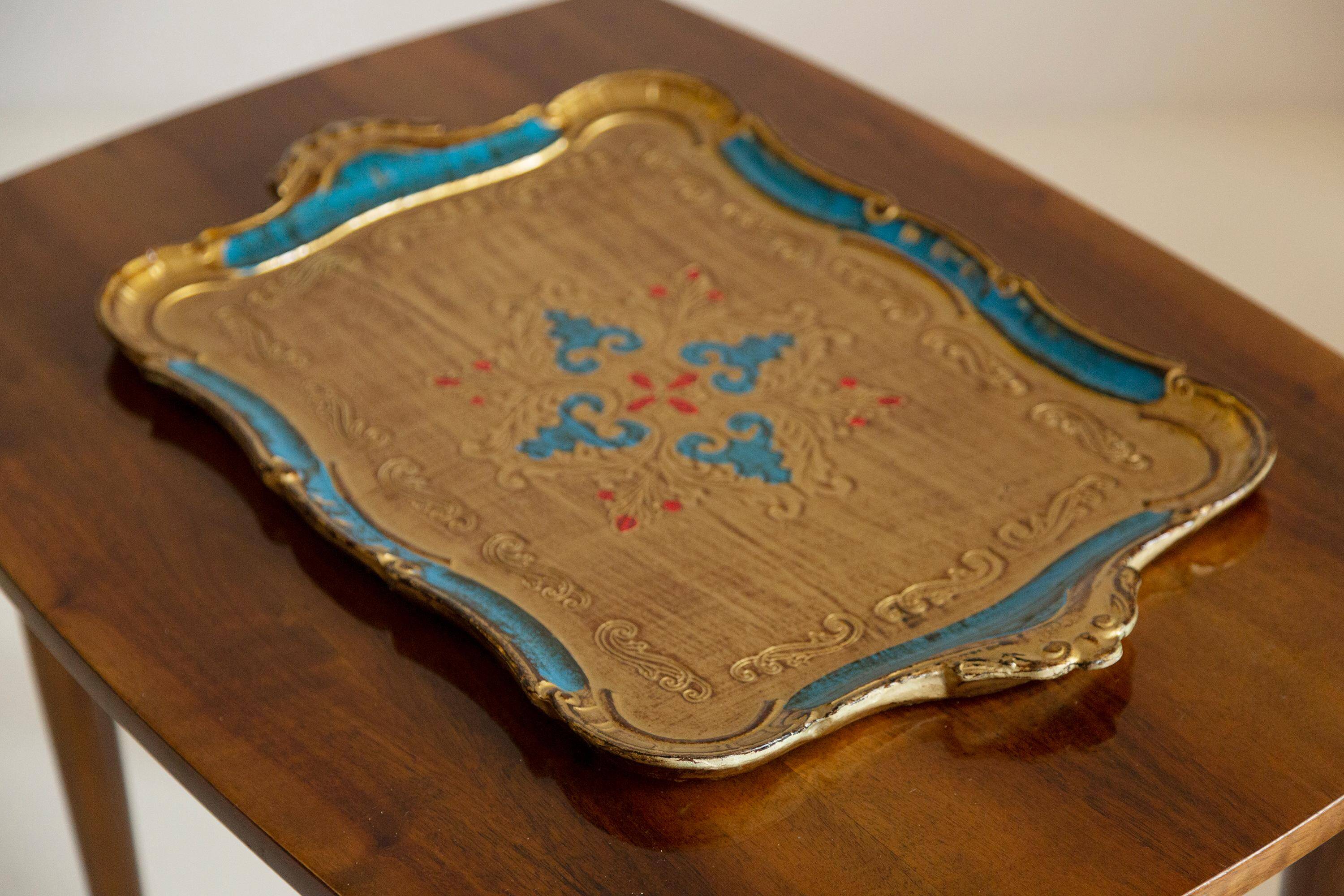 Vintage blue wooden decorative plate, Italy, 1960s