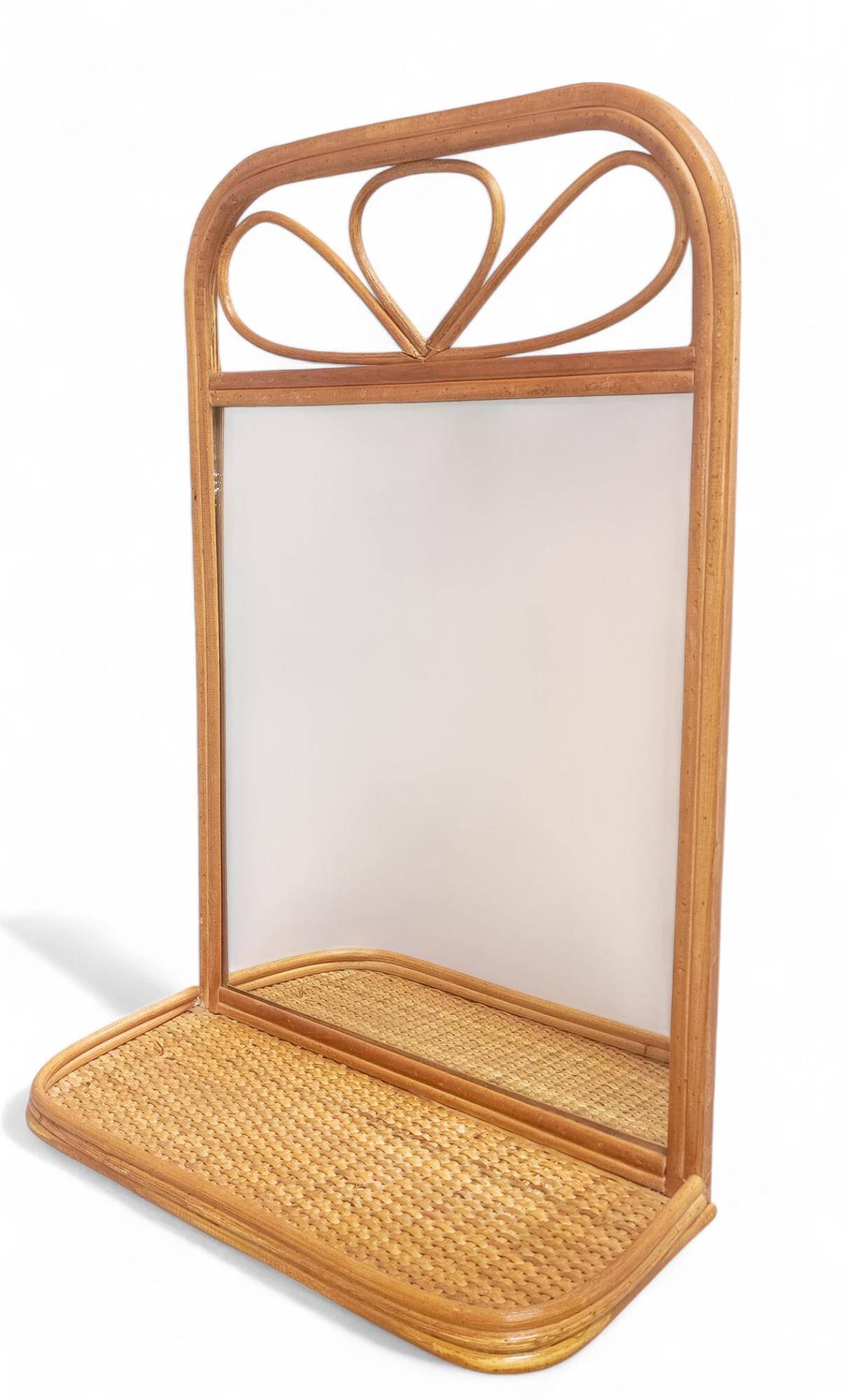 Mid Century French Riviera Rattan and Wicker Mirror With Shelf, Spain, 1960s–70s