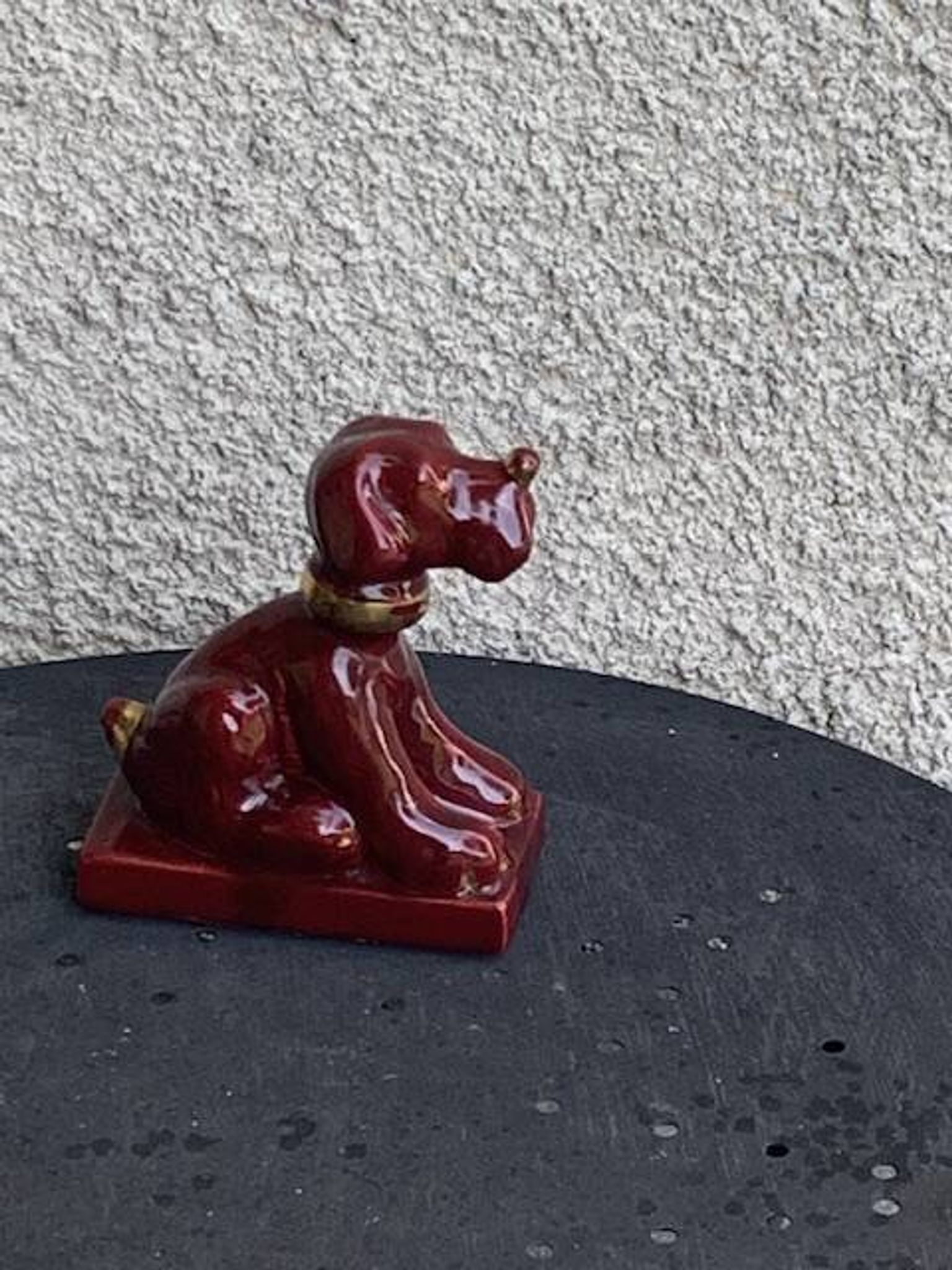 Dog sign CAB in vintage burgundy red enameled ceramic slip, art deco