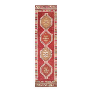 Vintage Turkish Hand-Knotted Wool Cotton Pink Runner Rug 88x342